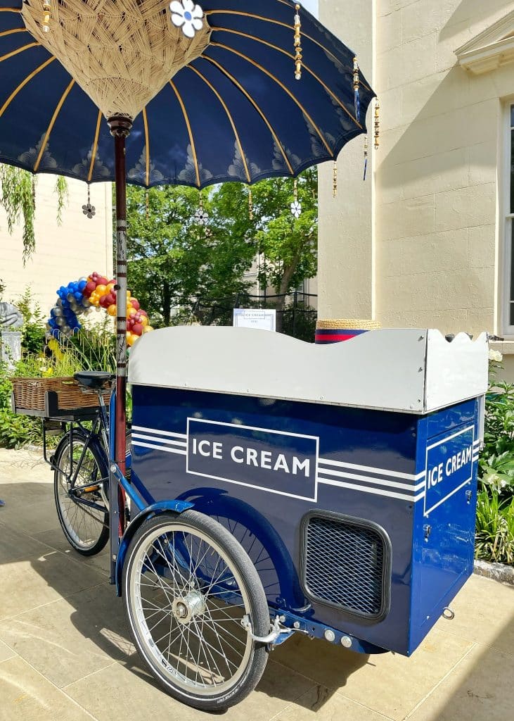 Blue ice cream tricycle cart for outdoor catering events